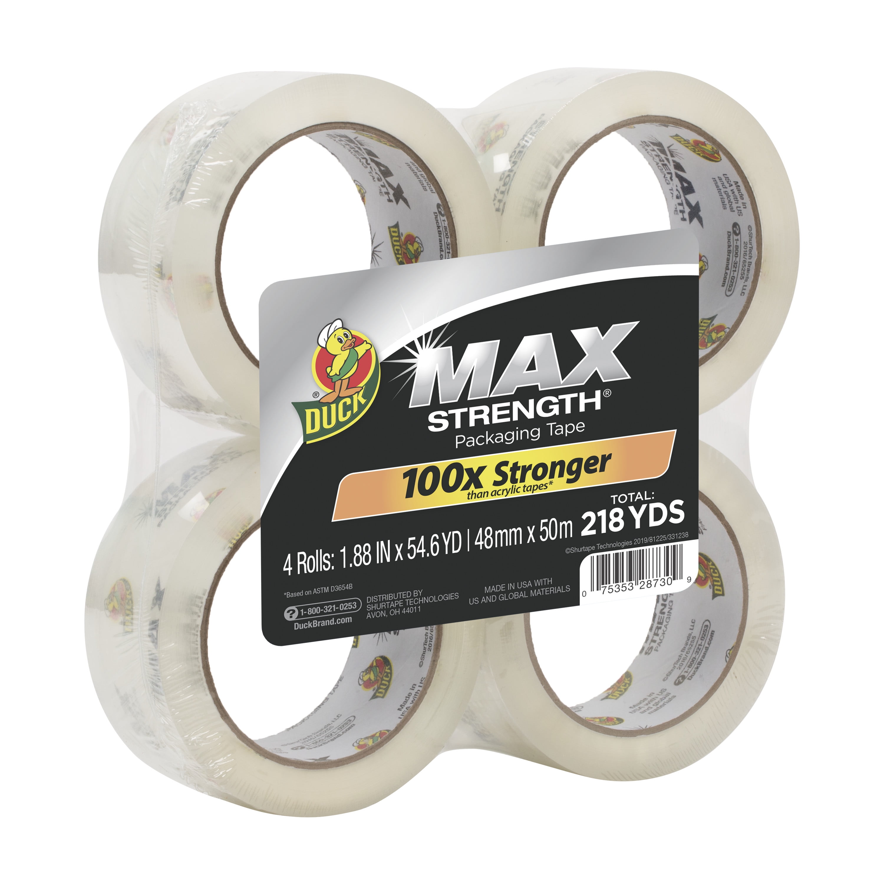 Duck Max Strength 1.88" x 54.6 yd. Clear Rubber Packing Tape, 4 Pack