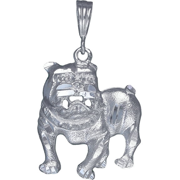 Sterling Silver Bulldog Charm Pendant Necklace with Diamond Cut Finish and 24 Inch Figaro Chain