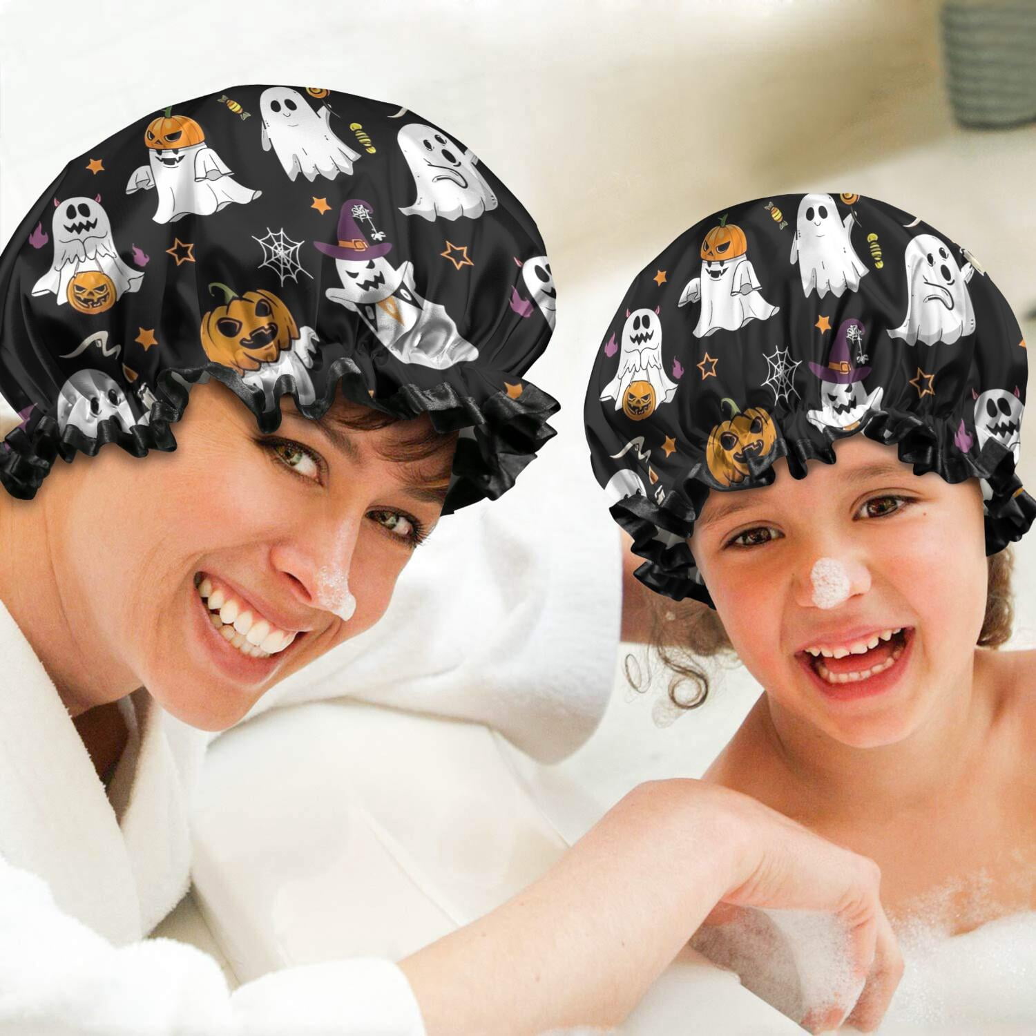Shower Caps,Black Halloween Ghosts and Pumpkins Waterproof Shower Cap for Women 4 Pieces,Double Reusable Hair Cover for Shower PEVA Elastic Stretch Hem