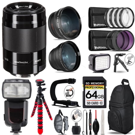 Sony E 50mm f/1.8 OSS Lens (Black) + LED Light + Tripod - 64GB Accessory Bundle
