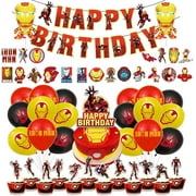 86 Pcs Birthday Party Decorations , Birthday Party Supplies For Iron Man Includes The Iron Man Inspired Happy Birthday Banner - Cake Topper - 12 Cupcake Toppers - 20 Balloons - 52 Sticker