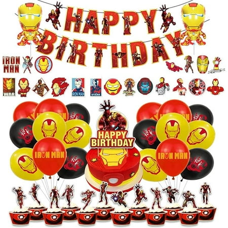 86 Pcs Birthday Party Decorations , Birthday Party Supplies For Iron Man Includes The Iron Man Inspired Happy Birthday Banner - Cake Topper - 12 Cupcake Toppers - 20 Balloons - 52 Sticker