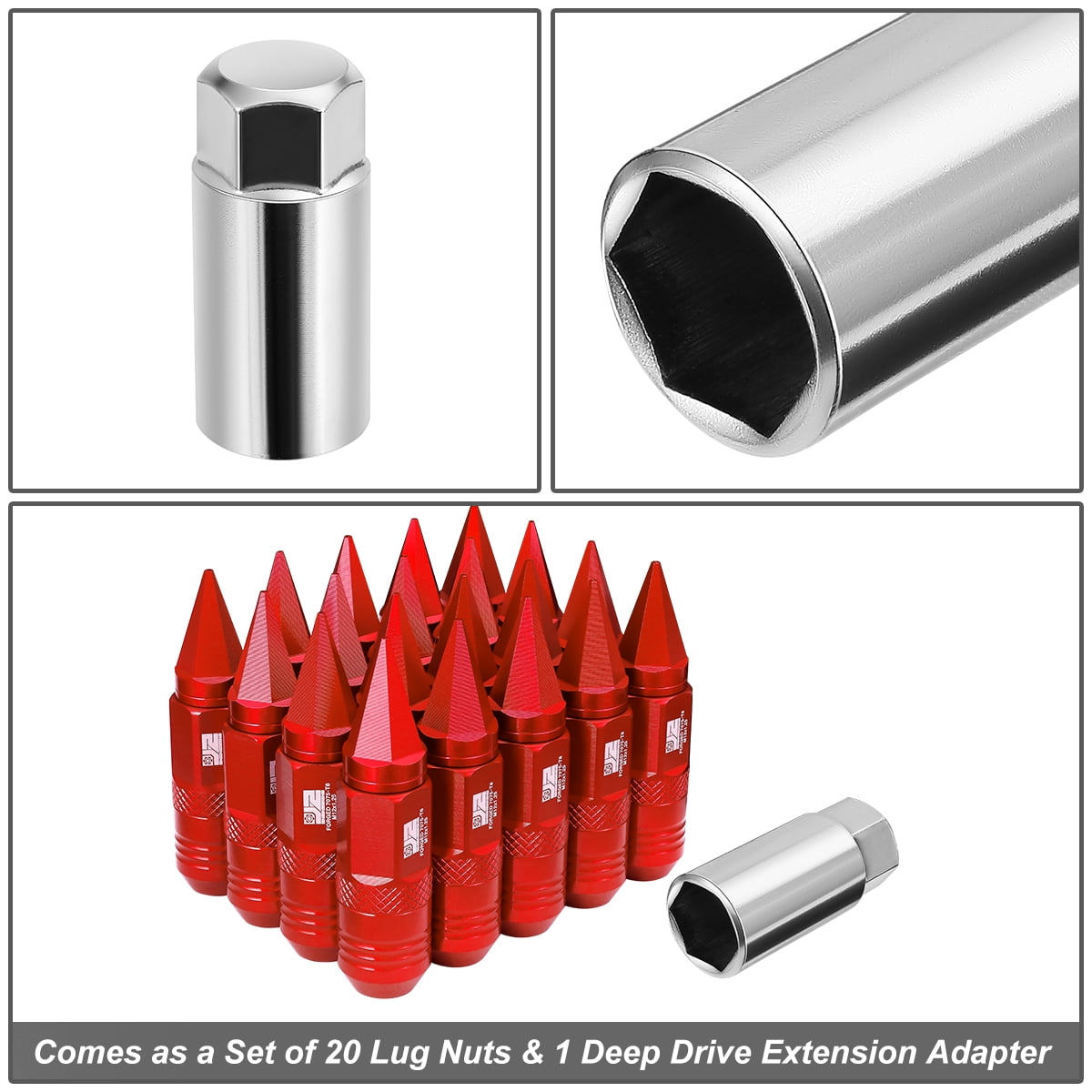 J2 Engineering 20Pcs Red M12 x 1.25 Lug Nuts Open End Aluminum Replacement with Drive Extension Adapter J2-LN-T7-029-125-RD