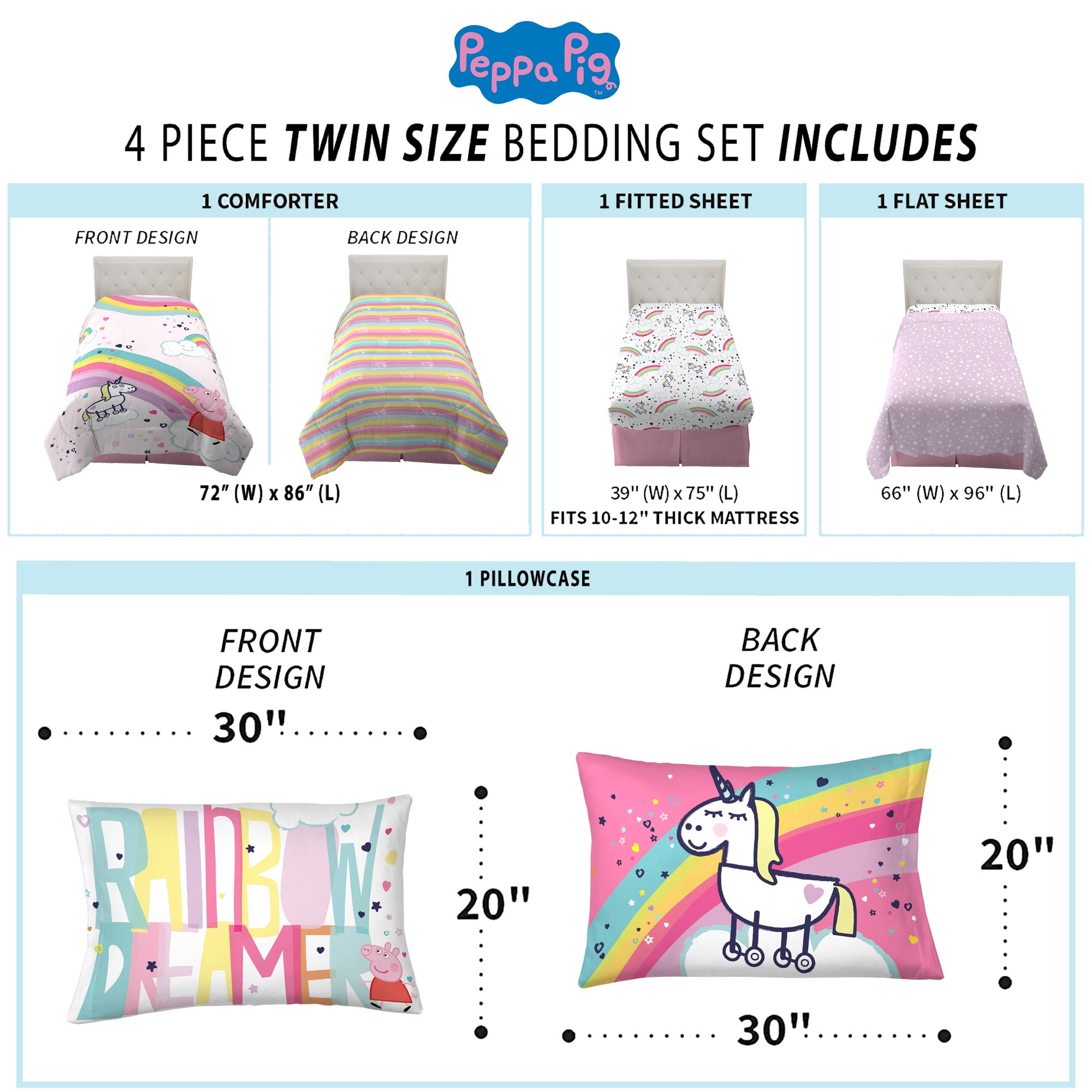Peppa Pig Kids Twin Bed in a Bag, Comforter and Sheets, Rainbow