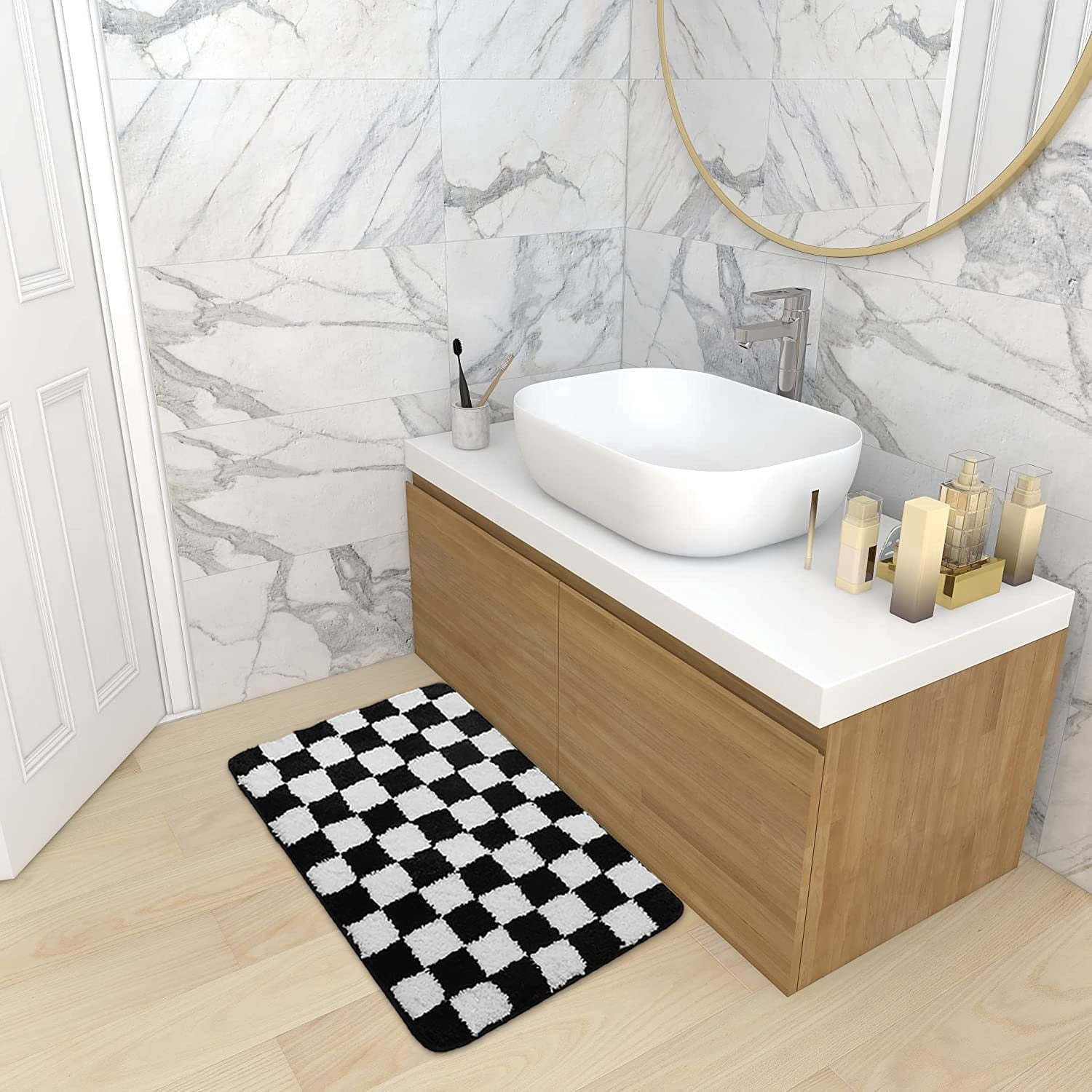 Black and White Checkered Bath Mat, Plush Microfiber Absorbent Bathroom Rugs Luxury Machine Washable Indoor Doormat Non-Slip Shaggy Bath Rugs for Shower Sink Tub (16''''x25'''')
