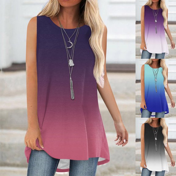 YHAJDS Women Tank Top Shirts Gradient Color Round Neck Sleeveless Top Casual Shirt For Spring Fashion Outfits