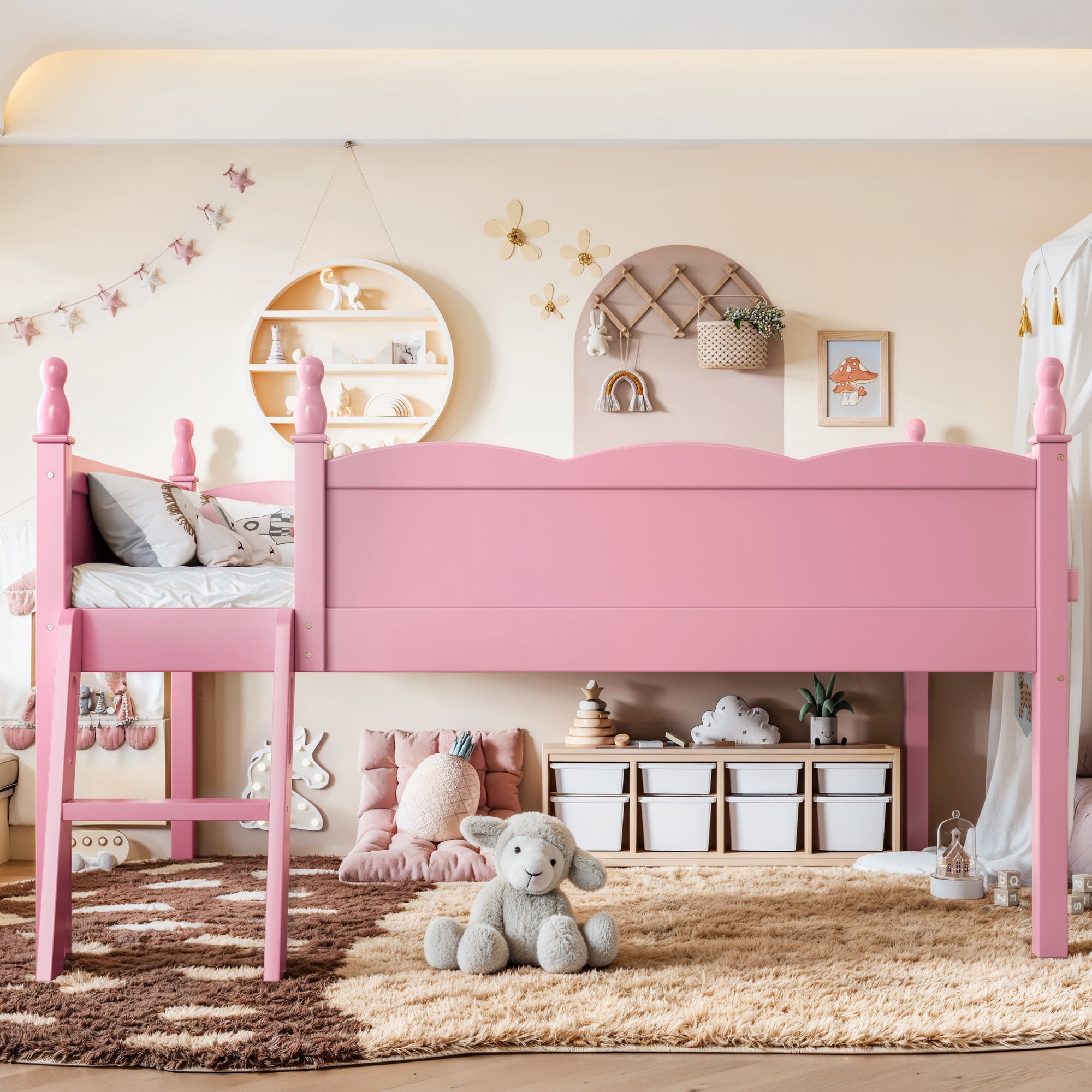 Safe Full Size Low Loft Bed with Full-Length Guardrails and Bookshelf, Solid Wood Bed with Ladder for Kids and Teens, Pink
