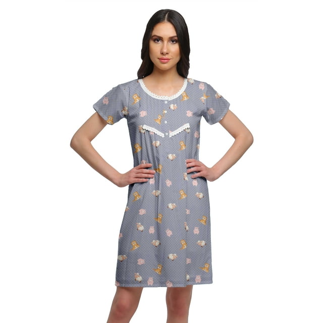 Moomaya Chemise de Nuit à Manches Courtes Imprimée pour Femmes, Col Rond, en Coton, Vêtement de Nuit