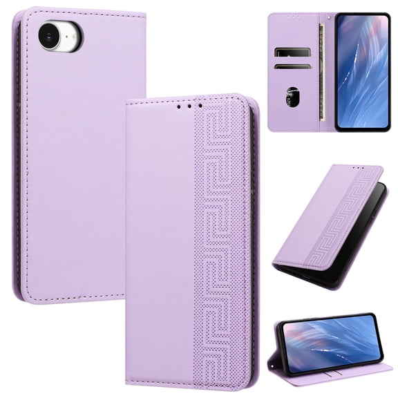 Feishell Wallet Case For iPhone 16e/17e, Premium PU Leather Flip Folio Cover with RFID Blocking Card Slots Cash Pocket Kickstand Wrist Strap Embossed Pattern Shockproof Phone Case,Purple