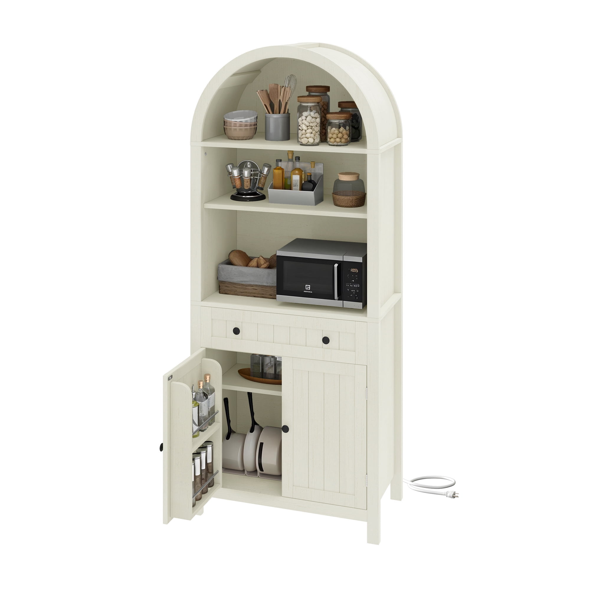 Uforic Arched Kitchen Pantry Cabinet, 73" Tall Farmhouse Wood Pantry Shelves with Charging Station, White