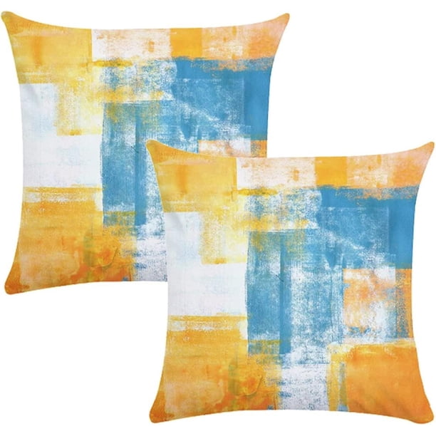 Funda De Cojín Y Cojín Juego De 2 Fundas De Cojín Decorativas Pintura De Arte Abstracto Azul Naranja 18 X 18 Terciopelo Suave Funda De Cojín Cuadrada Moderna para Sof