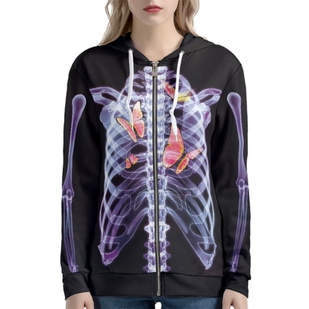 Renewold Full Zip Hoodie Jacket Clothes for Women Halloween Skull Butterfly Outdoor Sport Outfits Sweatshirt Y2K Cozy Sportswear Shirt Streetwear Size 2XL