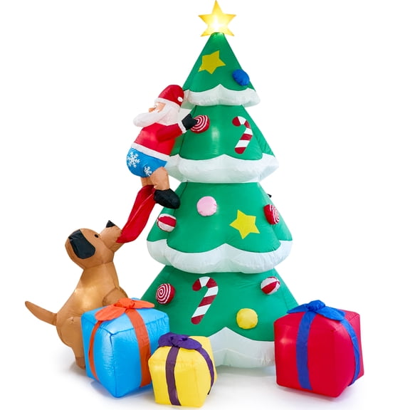 PayUSD 7FT Christmas Inflatables Decoration Outdoor LED Lights Santa Claus Being Chased Up the Tree Blow Up Xmas Decor Lawn Yard Patio Garden Christmas Decor Indoor Festive Holiday Spirit