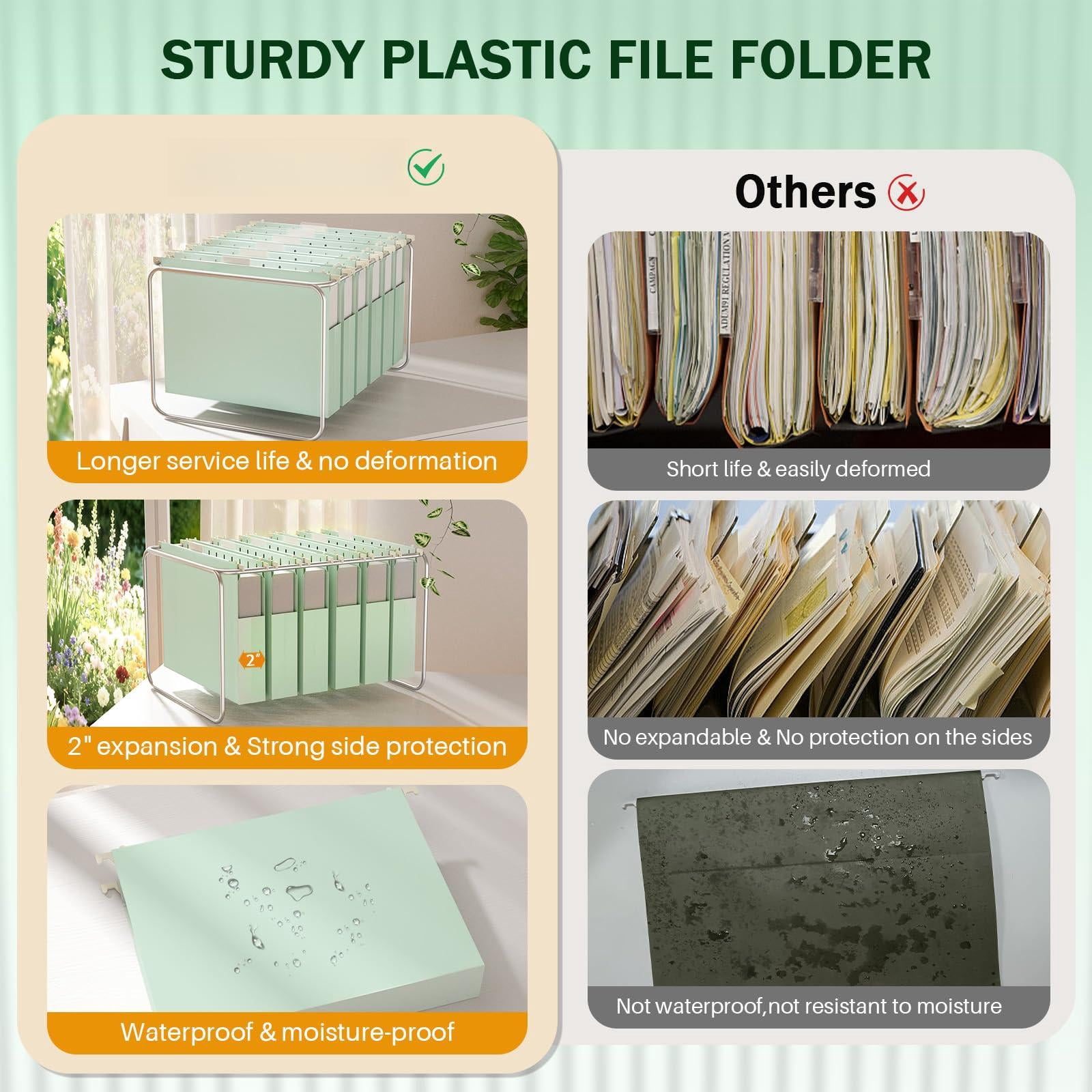 Hanging File Folders Letter Size  Green For Filing Cabinet Expandable 2 Inch Files With Tabs Stay Organized Bulky Charts & Paper 9.25 X 11.8 In