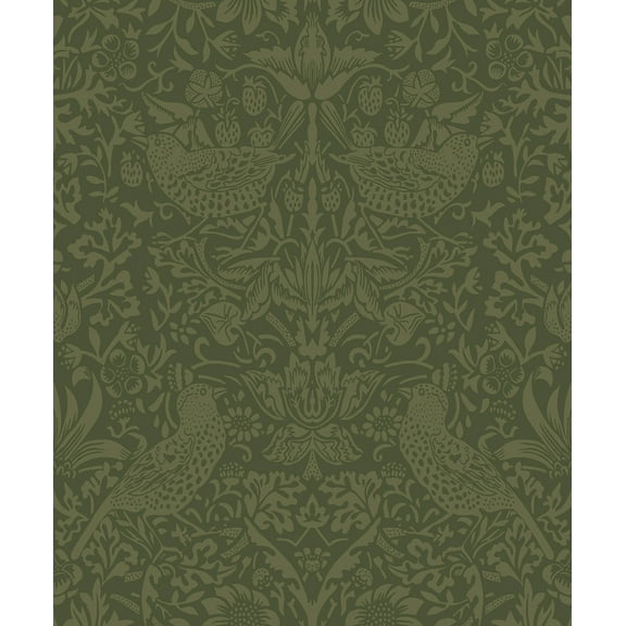 NextWall Moss Green Tonal Bird Garden Peel and Stick Wallpaper