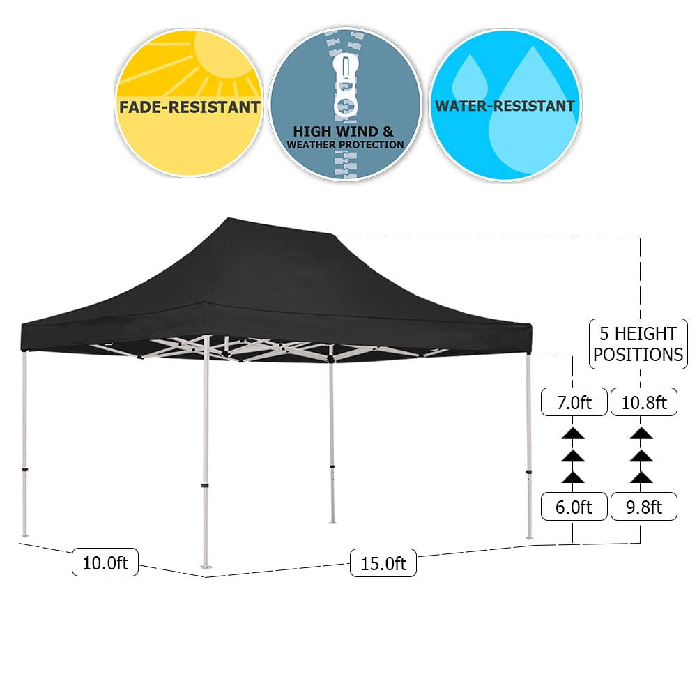 Black 10x15 Pop Up Canopy Tent Durable Aluminum Frame with  Water-Resistant Polyester Fabric Top Sturdy Wheeled Canopy Bag and Stake  Kit Included (5 Color Options)