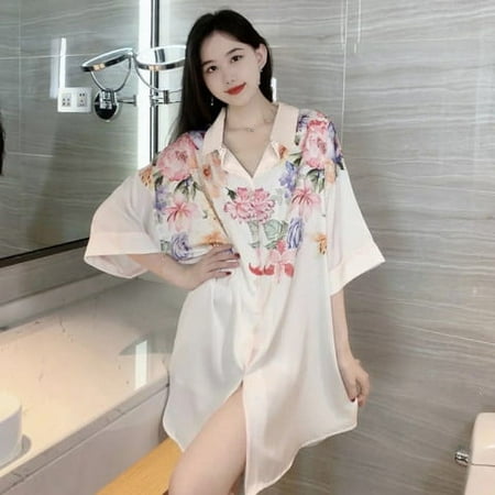 

DanceeMangoo Stain Nightdress for Women Short Sleeve Summer Flowers Nightgowns & Sleepshirts Women Sleepwear Shirt Buttons Outwear Pjs