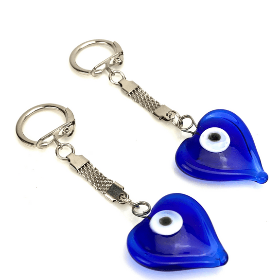 Evil Eye Keychains Handmade Blue Glass Large Heart Good Luck Gift Housewarming Set of 2