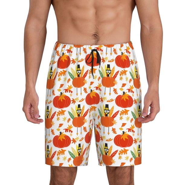 Balery Happy Thanksgiving Day1 Pantalones cortos de pijama de punto de algodón para hombre con cinturilla y bolsillos-XX-Large