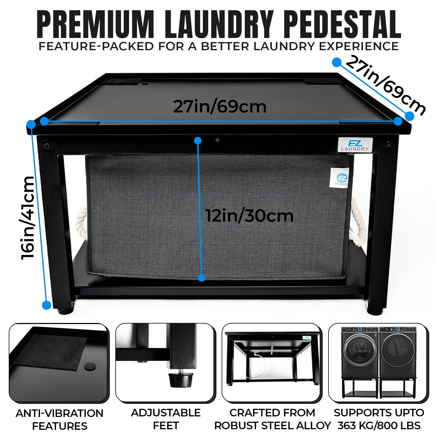 EZ Laundry Pedestal 27" x 16" Anti-Vibration Steel Stand with Drain Pan & Hose – Black