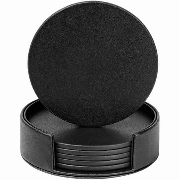 wonima02 Drink Coasters Set of 6 Leather Coasters Spill Protection for Table Desk,Durable and Non Slip Leather Coaster Perfect for Common Size Glass Coffee Cup & Mug,4 Inches(Round Black Coasters)