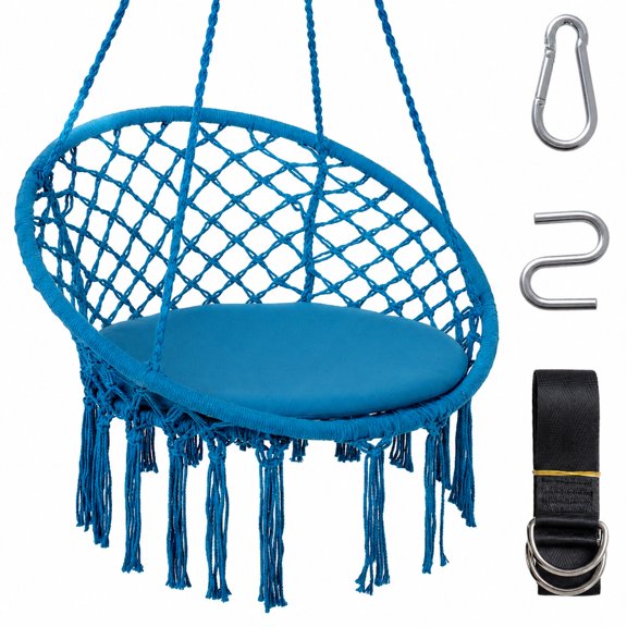 Biotree Macrame Swing Chair Hammock Chair with Round Seat Cushion, for Patio Garden Backyard Camping, Supports 330 lbs, Blue