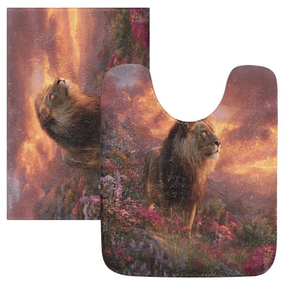 2 Piece Bath Mat Set with U-Shaped Toilet Mat and Rectangle Bath Rugs Non Slip Machine Washable Bathroom Mats Majestic Powerful Lion