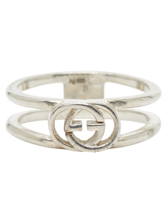 Pre-Owned Gucci Interlocking G Wide Open Band Ring, Size #8, SV925 Silver, Women's.