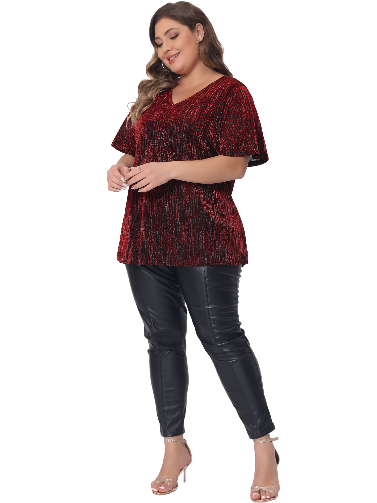 Women's Plus Metallic Tops V Neck Short Sleeve T-Shirt Party Top Glitter Blouses 2X Burgundy