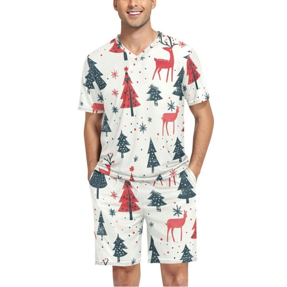 joogoo Men's Pajama Set Christmas Tree Reindeer V-Neck Pj Shorts Set 2 Piece Loungewear Sleepwear L