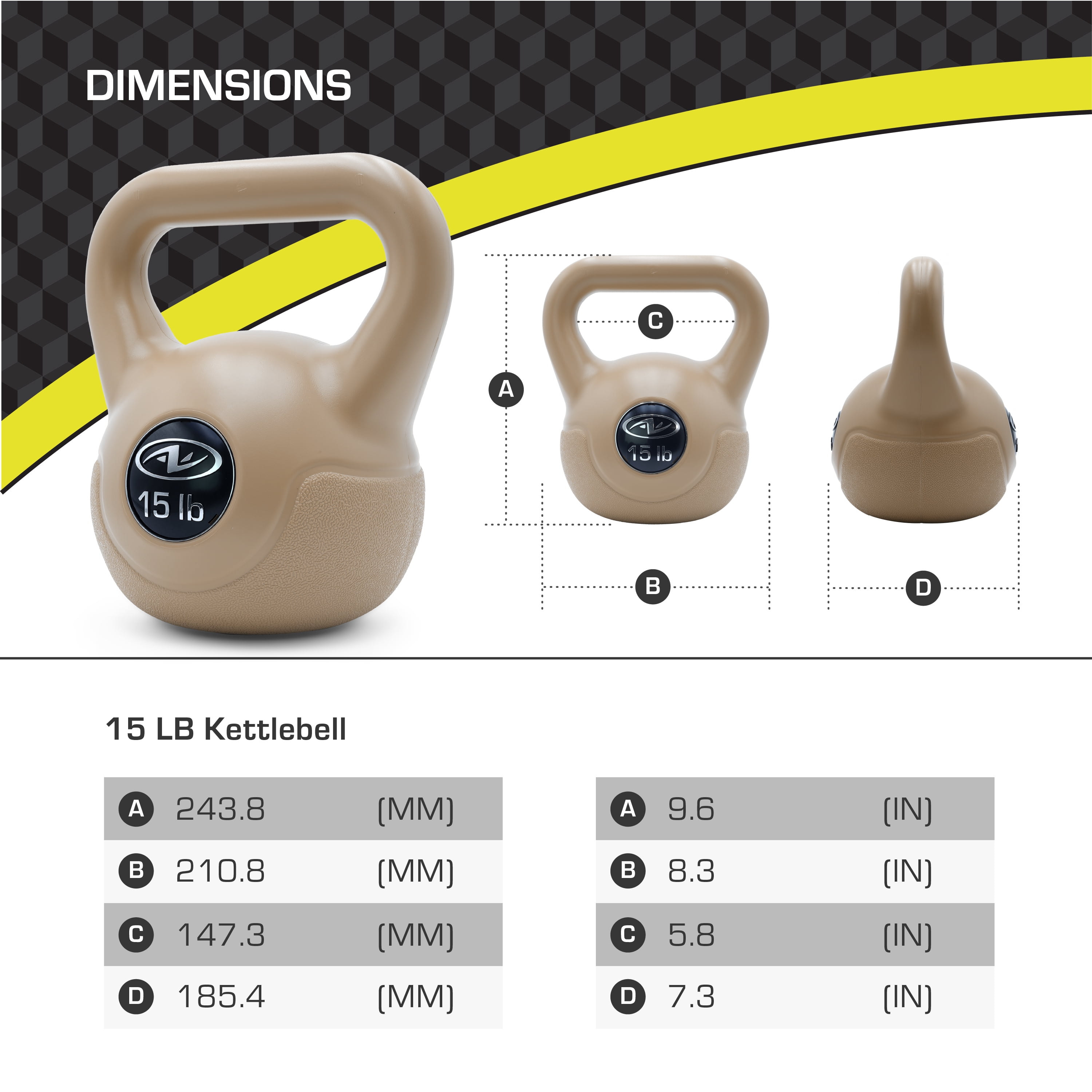 AW 30 lb Cement Kettlebell Weight Set, Vinyl-Coated Home Gym Weights, 5, 10 & 15 LB