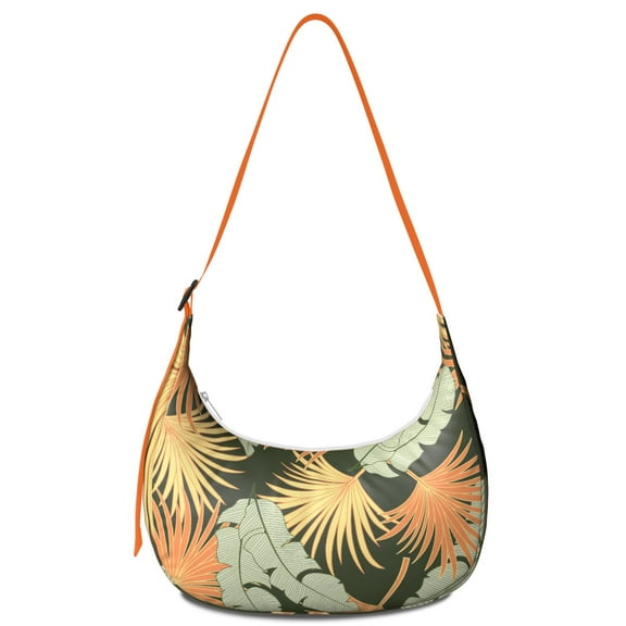 Hawaiian Floral Palm Leaf Crossbody Bag for Women Tropical Plant Corduroy Shoulder Purse with Adjustable Strap Jungle Leaves Crescent Sling Bag