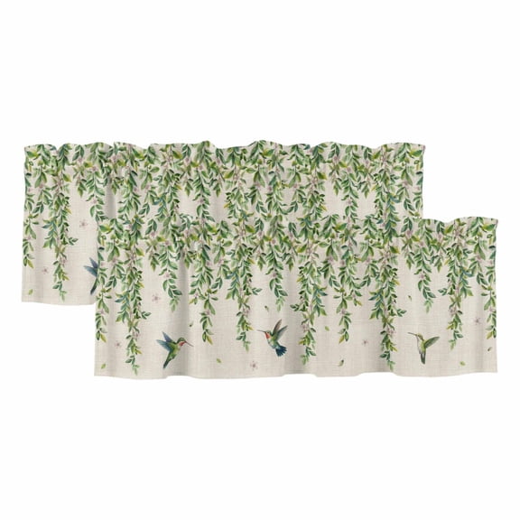 2 Pack Valances for Windows, Spring Botanical Window Valances for Living Room/Bedroom/Bathroom, Watercolor Leaves Flowers Birds Beige Light Filtering Kitchen Curtain Valance 42"W x18" L