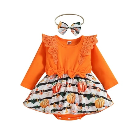 

Wrcnote Newborn Bow Tie Striped 2Pcs Outfit Suit Casual Holiday Long Sleeve Jumpsuit Halloween Dress+Headband
