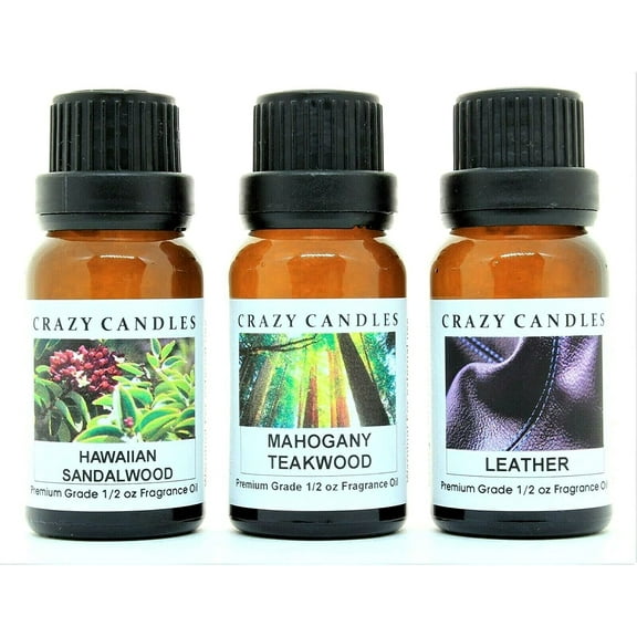 Crazy Candles 3 Bottles Set, 1 Hawaiian Sandalwood, 1 Leather, Mahogany Teakwood 1/2 Fl Oz Each (15ml) Premium Grade Scented Fragrance Oils