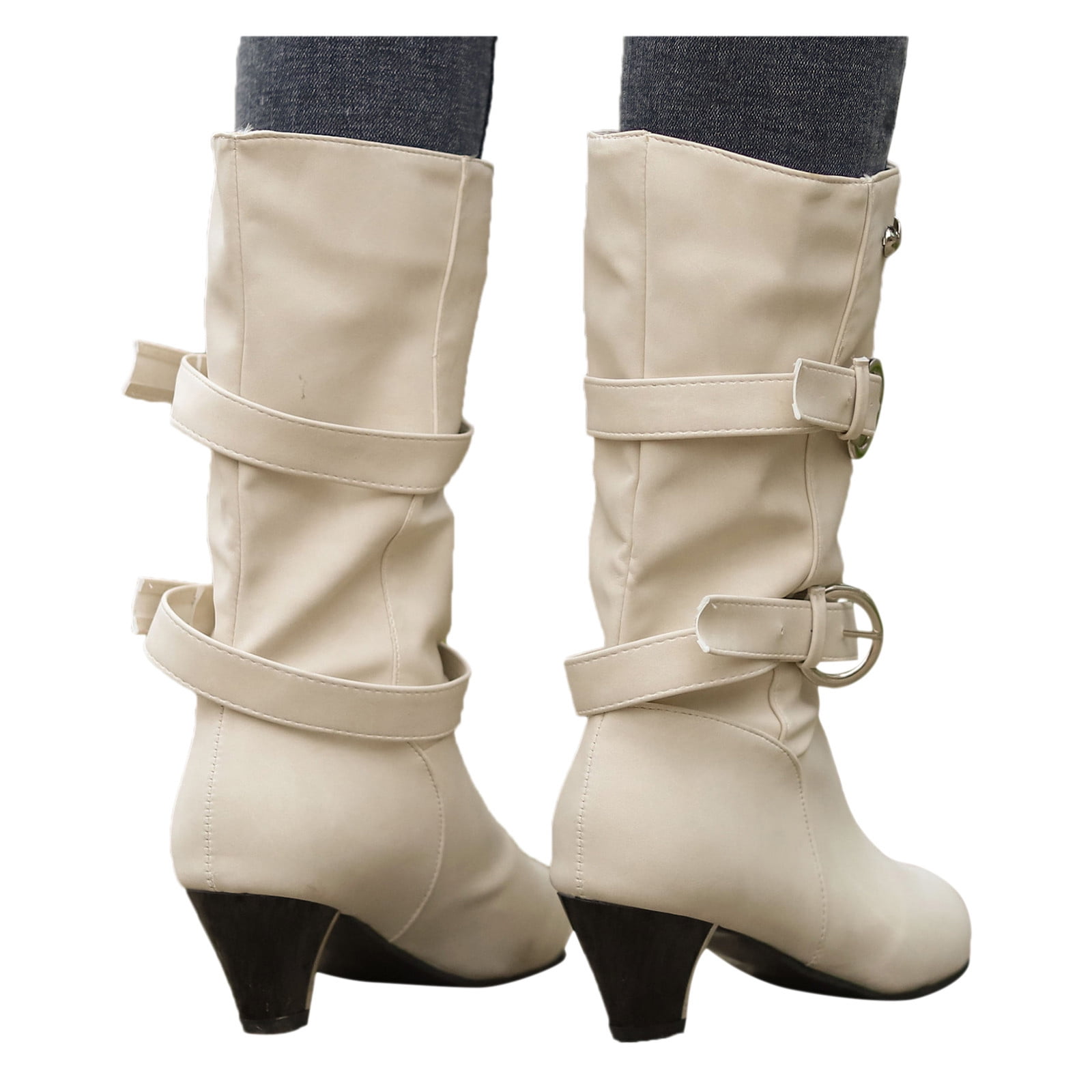 Tsmile Women Plus Velvet Boots Vintage Winter Buckle Slip On Non Slip Mid Calf Round Toe Cowboy Flat Snow Booties 
