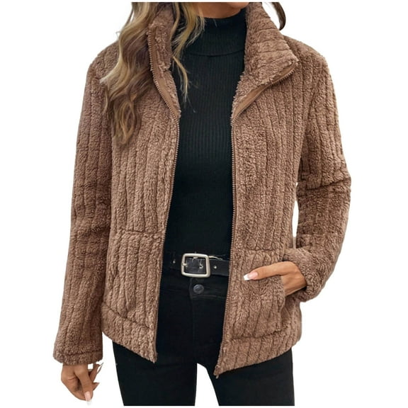 HTNBO Women's Fleece Jacket Women Full Zip Long Sleeve Lapel Collar Sherpa Coat Outerwear with Pockets