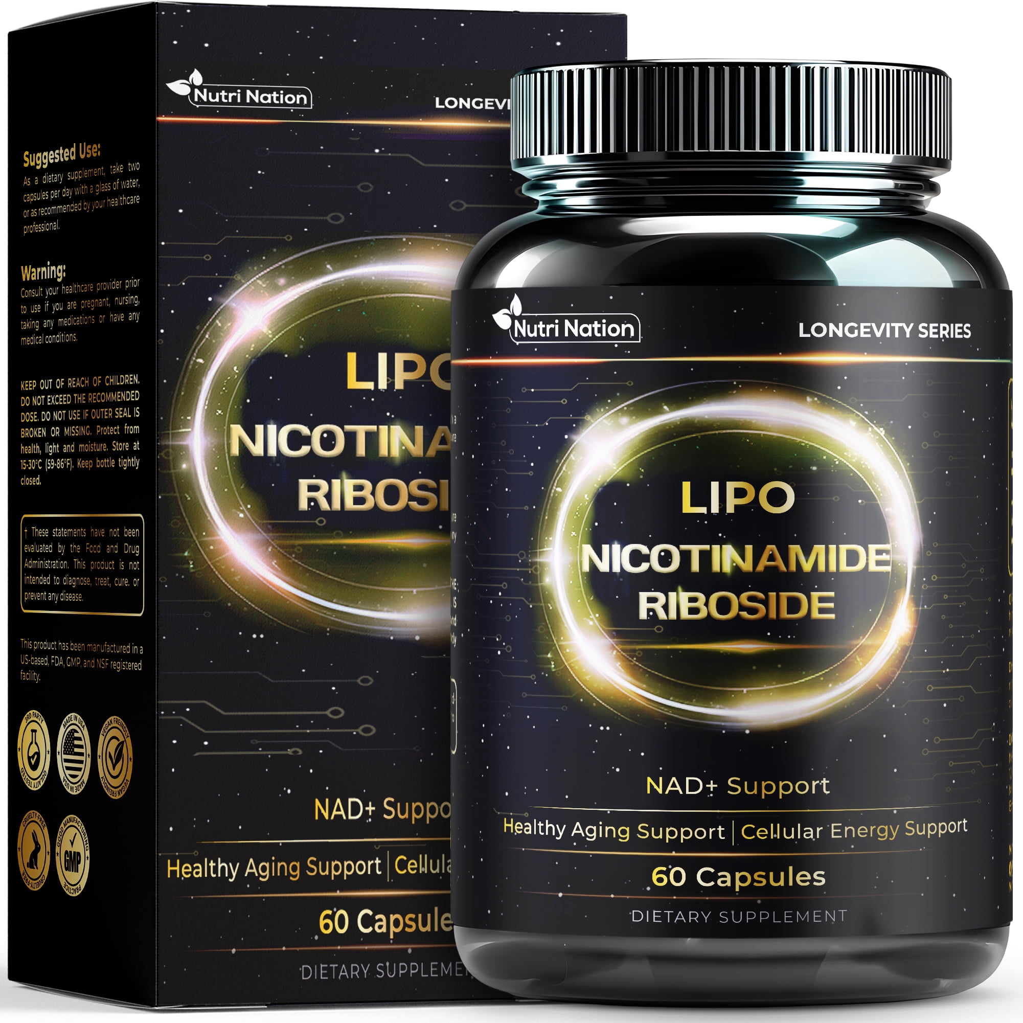 Nutri Nation Liposomal NAD Supplement Nicotinamide Riboside 500mg 120 ct, Energy and General Wellness 2 Bottle Bundle