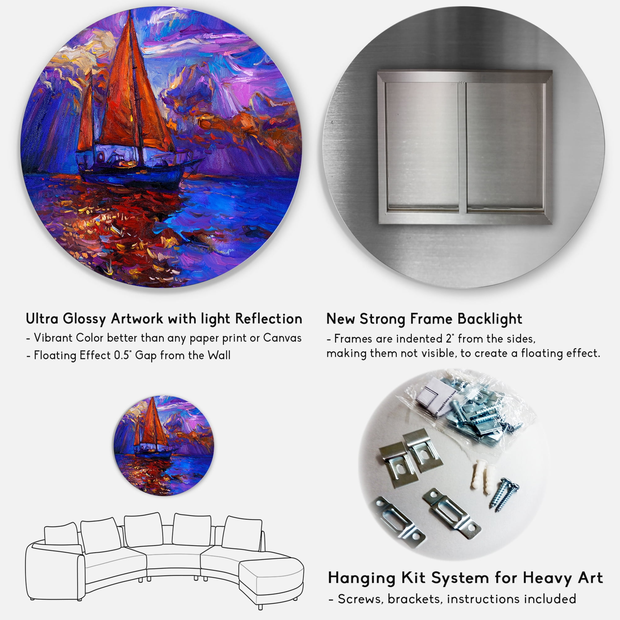 Designart 'Red Sail Ship On Purple Sunset in Blue Ocean' Nautical & Coastal Circle Metal Wall Art 23x23 - Disc of 23