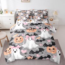 Manfei Happy Halloween 7-Piece Bedding Comforter Set,Horror Ghost Bats King Bedding Sets,Cute Orange Pumpkin Lantern Bed Sheets For Boys Kids,Luxury Bedroom Decor Reversible