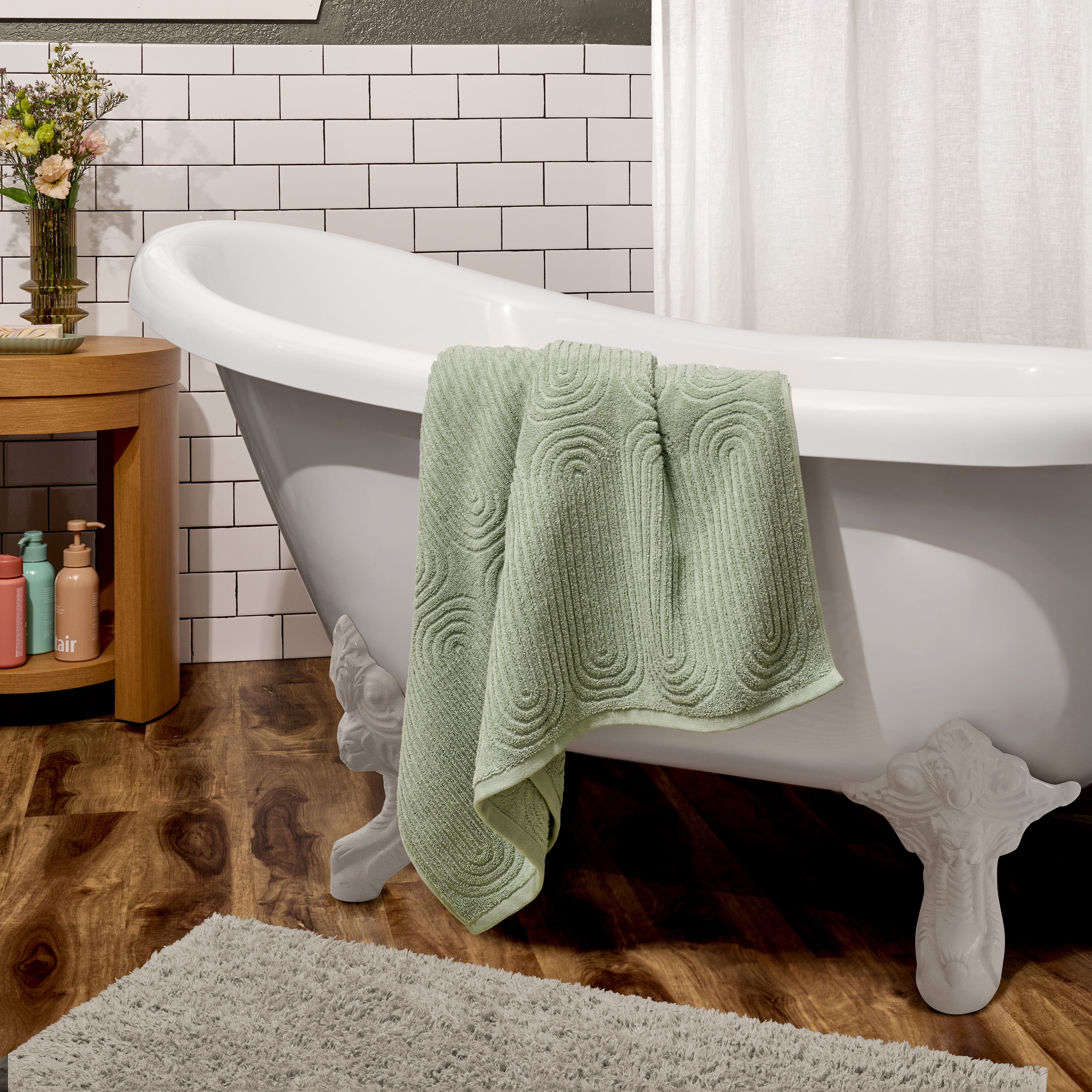 Beautiful by Drew Barrymore Textured Bath Towel, Soft 100% Cotton, Sage Green