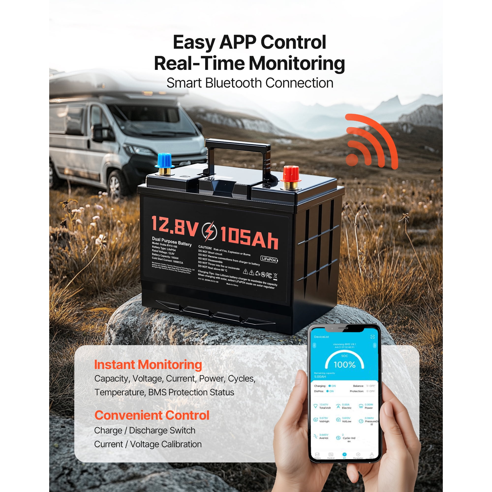KFFKFF 12V 105Ah Dual Purpose LiFePO4 Lithium Battery, 1000 CCA Group 24, Lithium-ion Starter and Deep Cycle Battery with Smart BMS, Suitable for Cars, Trolling Motors, Marine, and RV Applications