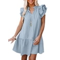 thumbnail image 4 of Asyoly Womens Dresses V-Neck Drawstring Ruffle Cap Sleeve Side Pockets Mini Dress Shirt Dresses For Women, 4 of 5