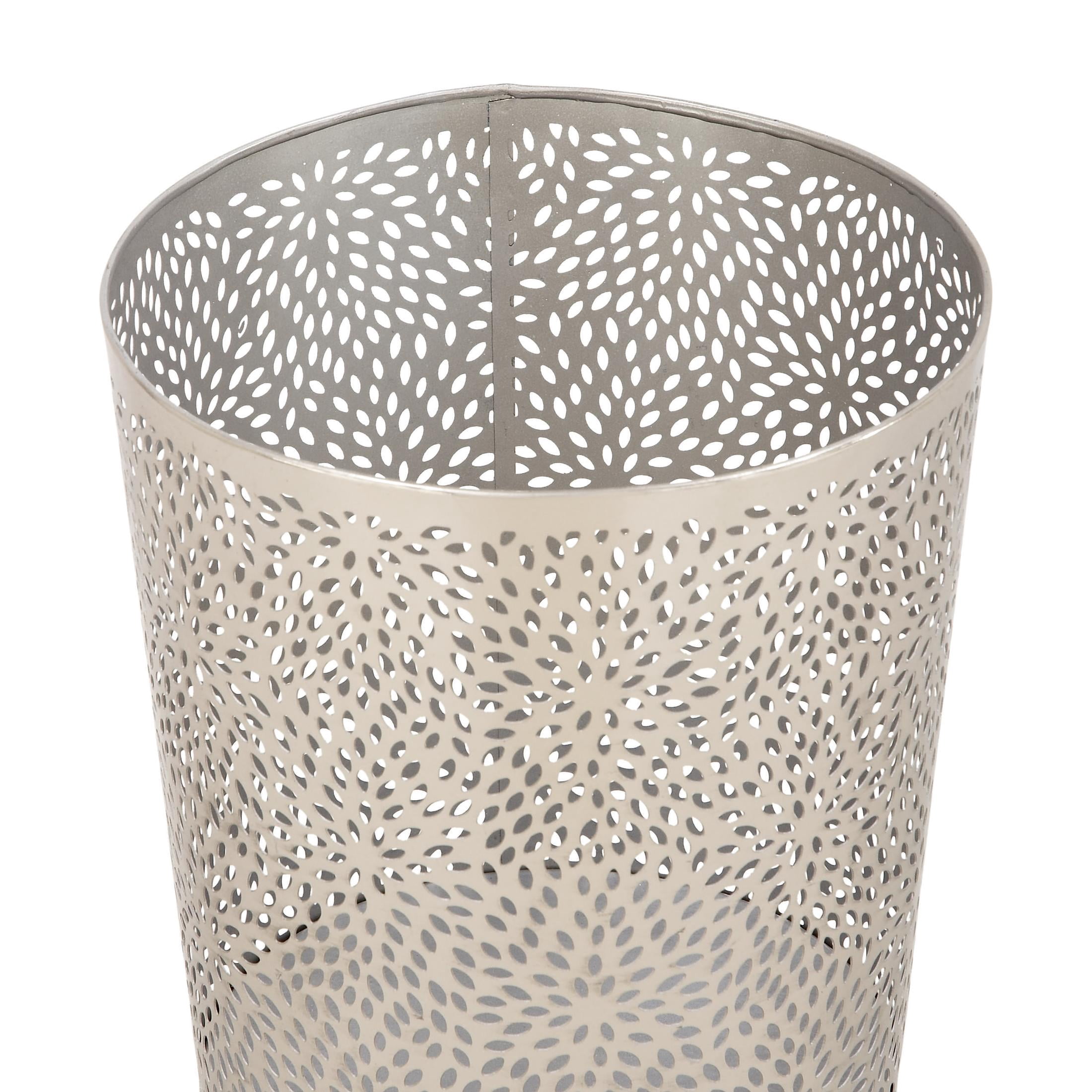 CosmoLiving by Cosmopolitan 9" x 10" Silver Metal Floral Small Waste Bin with Laser Carved Design, 1-Piece