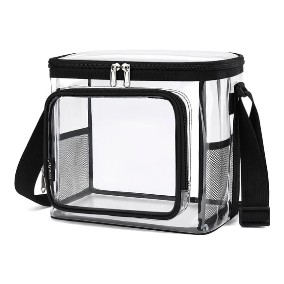 Insulated Reusable Lunch Bag Adult Large Lunch Box for Women and Men with Adjustable Shoulder Strap, Front Zipper Pocket and Dual Large Mesh Side Pockets, Clear