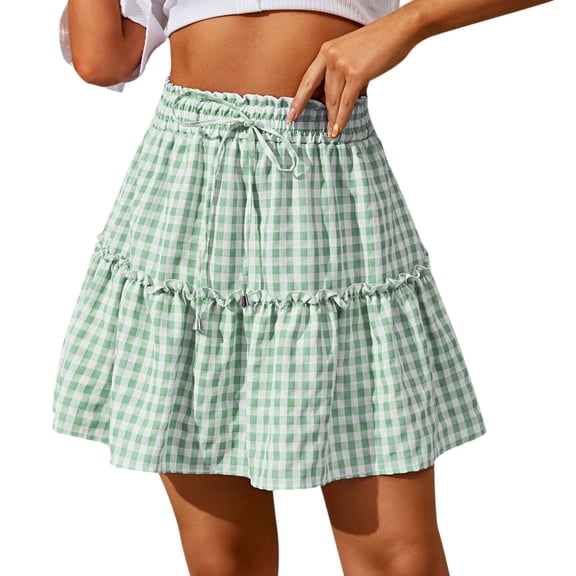 Tfken Women Skirts For Summer Elastic Waist Plaid Mini Skirts Trendy Casual Daily Wear Female Leisure Clothes Green