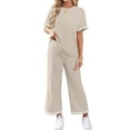 thumbnail image 6 of GIPQJK Women's 2 Piece Outfits Set Short Sleeve Crew Neck Casual Pullover Top Drawstring Striped Baggy Pants Travel Solid Color Pajama Set,Beige S, 6 of 6