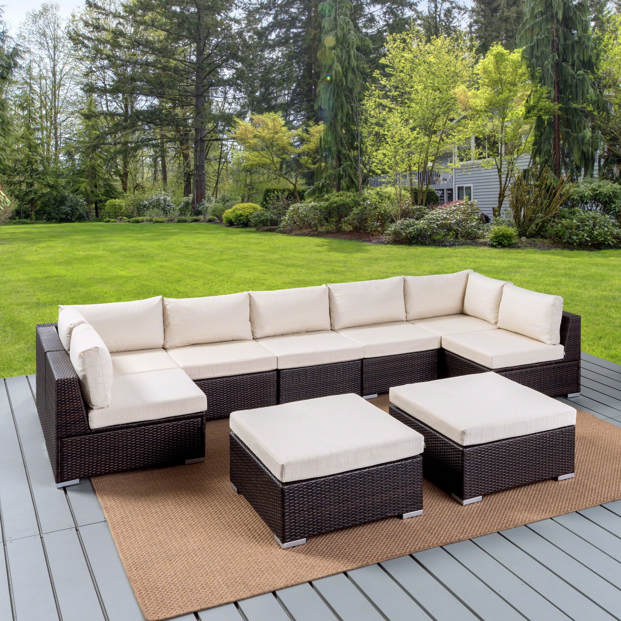 Outdoor 7 Seater Wicker Sectional Sofa Set with Cushions, Multibrown,Beige