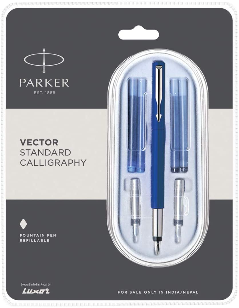 Parker Vector CT Chrome Ink Fountain Pen Fine Nib Black Blue Red Body Jotter New 