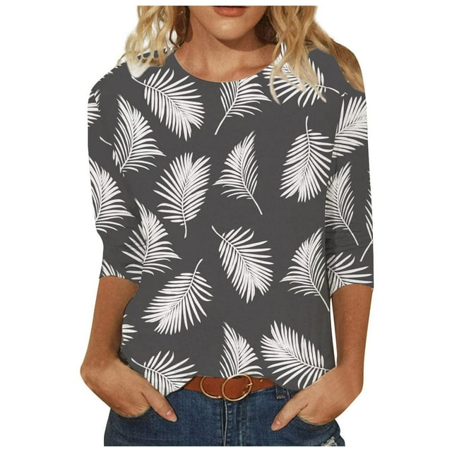 Women`s en Vrac Smart Nature Col Rond Impression Manches 3/4 95% Polyester, 5% Spandex Haut (Gris, L)